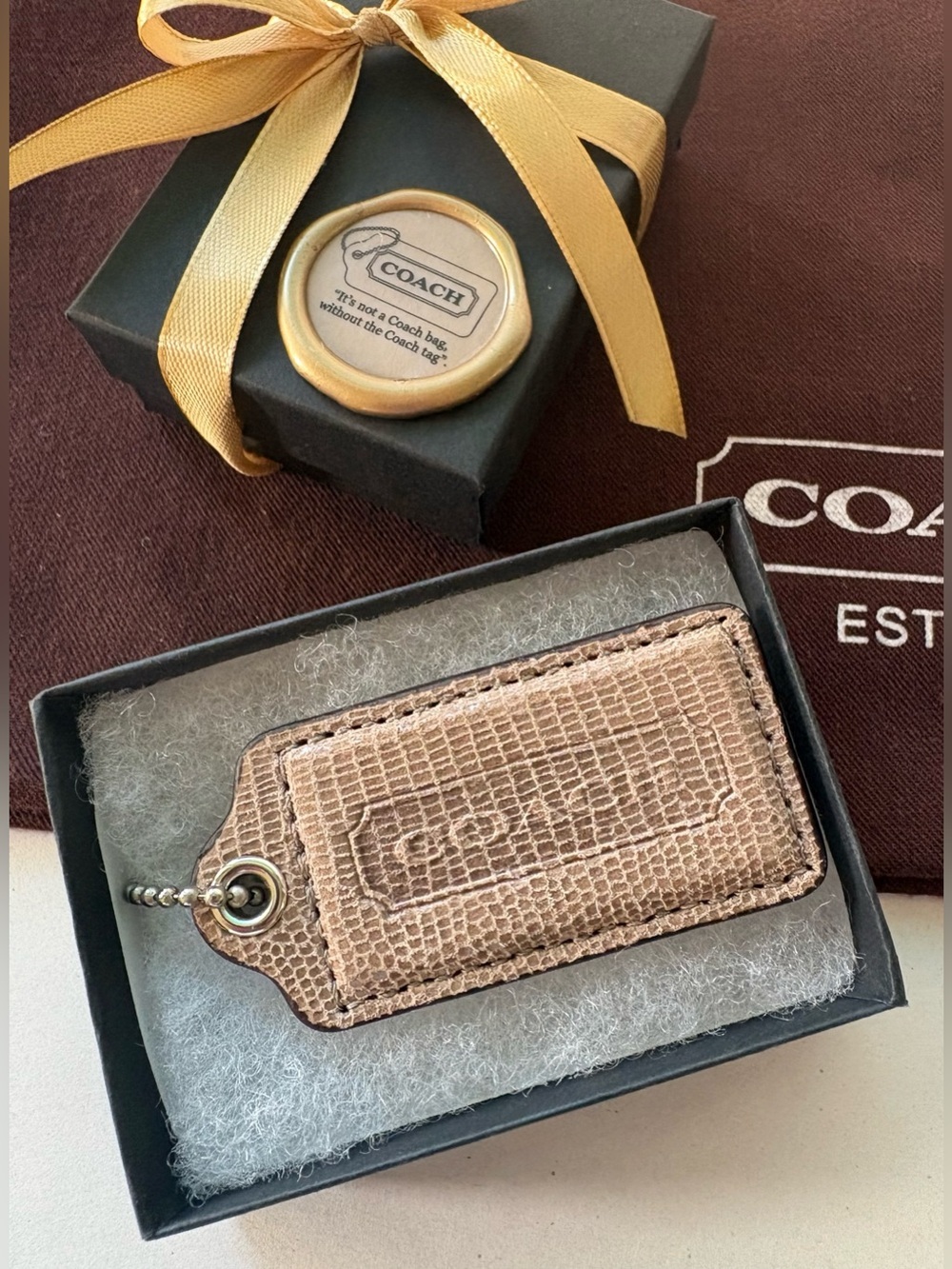 Y2K Coach Lizard Embossed Vintage Leather Hang Tag Tan Bag Charm | 2.5”